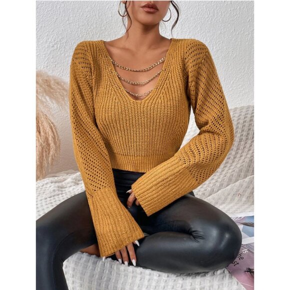 SHEIN Sweaters - NWOT Cropped Cable Knit Chain V-Neck Sweater in Ginger/Orange Size Large